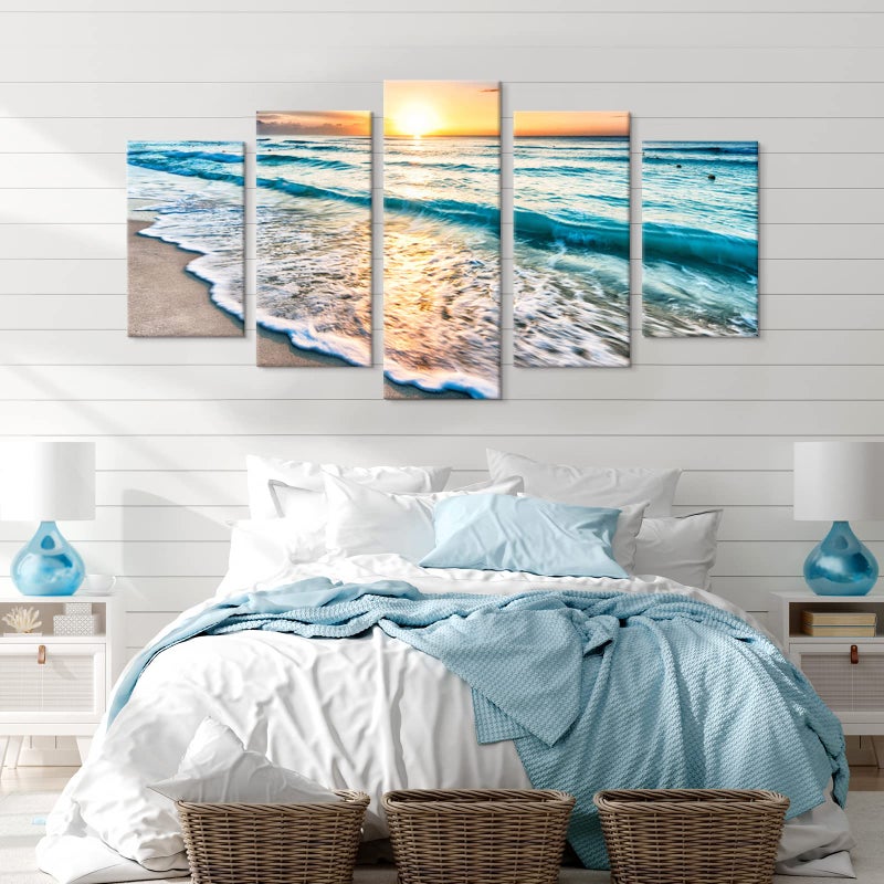 Goldfoilart 5 Pieces Beach Coastal Wall Art Sea Sunset Seascape Pictures Ocean Photography Canvas Large Horizontal Landscape Multi Framed Artwork for Bedroom Living Room Bathroom Wall Decor - Image 2